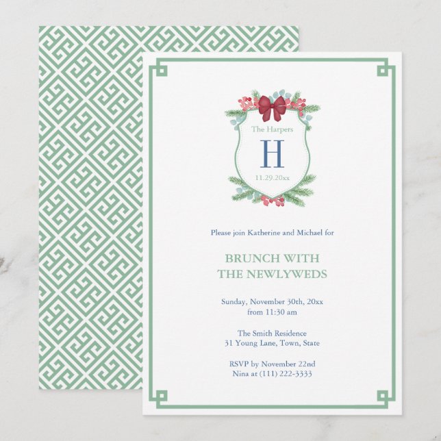 Watercolor Holidays Crest Newlyweds Brunch Party Invitation (Front/Back)