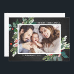 Watercolor Hollies Chalkboard Christmas Photo<br><div class="desc">Send your loved ones Christmas greetings this season with this rustic horizontal Christmas photo flat card. It features watercolor hollies, faux gold foil accents, matching festive holiday pattern, faux chalkboard background and modern typography. The texts are fully editable. Personalize this holly Christmas photo card by adding your photo, name and...</div>