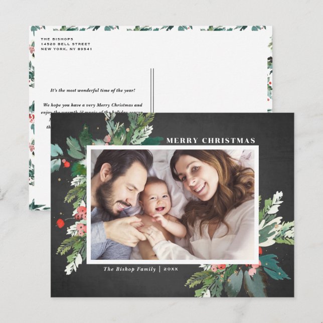 Watercolor Hollies Chalkboard Christmas Photo Holiday Postcard (Front/Back)