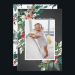 Watercolor Hollies Chalkboard Merry Christmas<br><div class="desc">Send your loved ones Christmas cheer this season with this beautiful rustic Christmas photo flat card. It features watercolor hollies, faux gold foil accents, matching festive holiday pattern, faux chalkboard paper and modern typography. The texts are fully editable. Personalise this holly Christmas photo card by adding your photo, name and...</div>