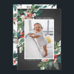 Watercolor Hollies Chalkboard Merry Christmas<br><div class="desc">Send your loved ones Christmas cheer this season with this beautiful rustic Christmas photo flat card. It features watercolor hollies, faux gold foil accents, matching festive holiday pattern, faux chalkboard paper and modern typography. The texts are fully editable. Personalise this holly Christmas photo card by adding your photo, name and...</div>