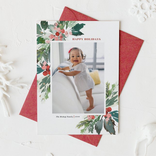 Watercolor Hollies Faux Gold Happy Holidays Photo (Watercolor Holly and Winter Greenery Photo Happy Holidays Card)