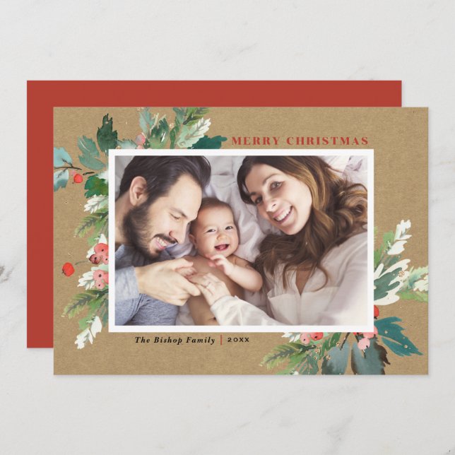 Watercolor Hollies Kraft Paper Christmas Photo (Front/Back)