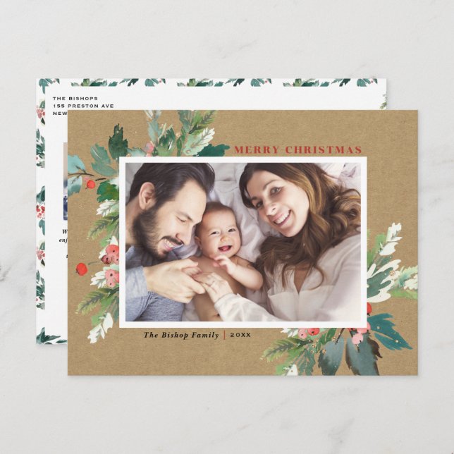 Watercolor Hollies Kraft Paper Christmas Photo Holiday Postcard (Front/Back)