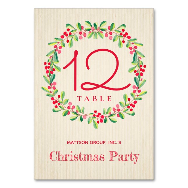 Watercolor Holly and Berries Christmas Holiday Table Number (Front)
