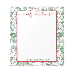 Watercolor Holly and Berries Christmas Notepad