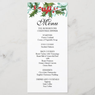 Watercolor Holly and Berries Christmas Party Menu
