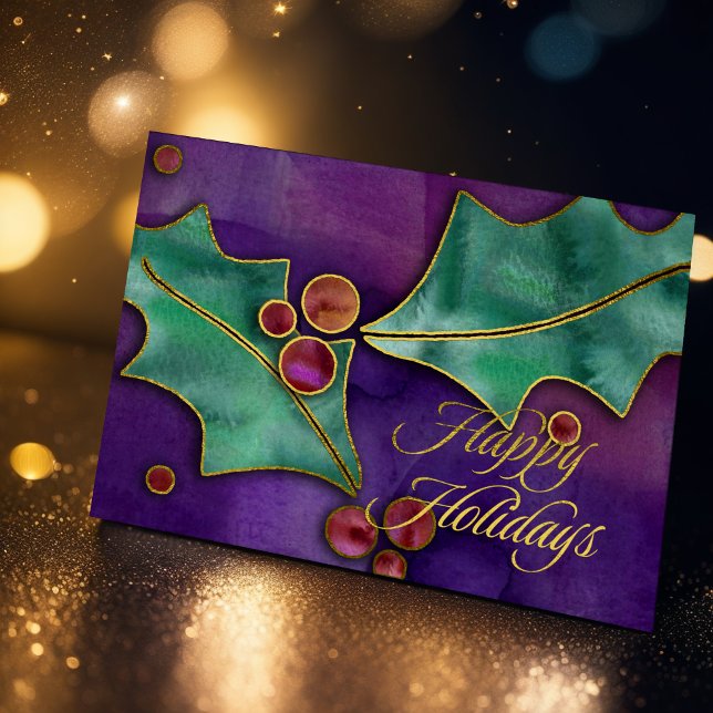 Watercolor Holly and Berries Gold Happy Holidays Holiday Card (Creator Uploaded)