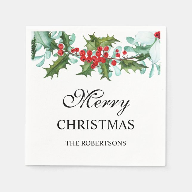 Watercolor Holly and Berries Merry Christmas Napkin (Front)