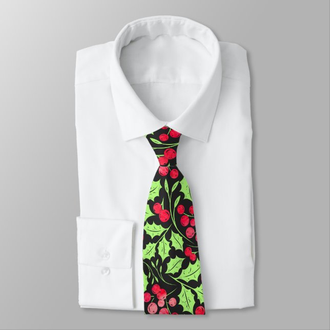 Watercolor Holly and Berries Tie (Tied)