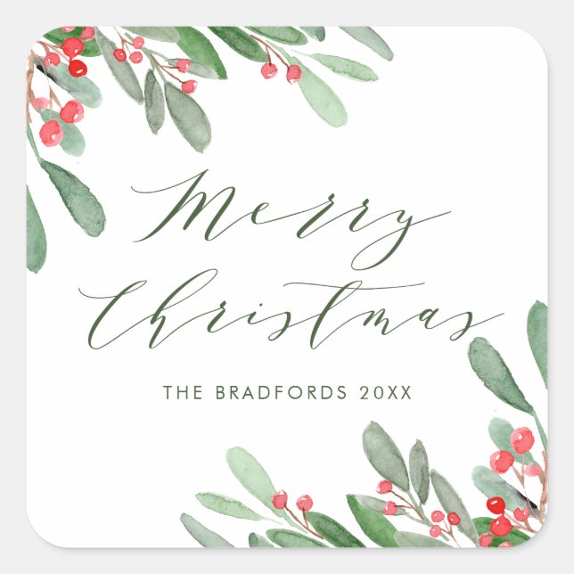 Watercolor Holly and Greenery Borders Christmas Square Sticker (Front)