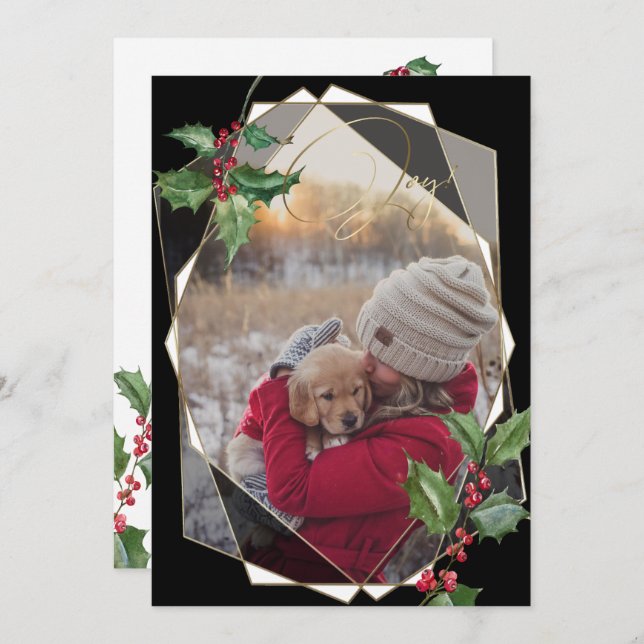 Watercolor Holly and Red Berries Black Invitation (Front/Back)