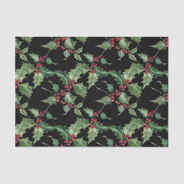 Watercolor Holly and Red Berries Colorway Tissue Paper (Front)