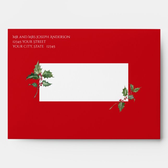 Watercolor Holly and Red Berries Envelope (Front)