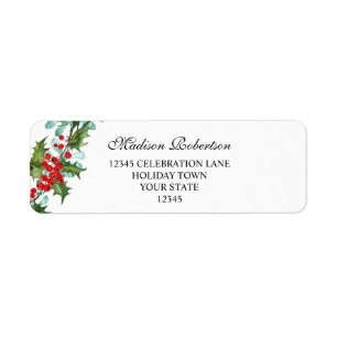 Watercolor Holly and  Red Berries Return Address Label