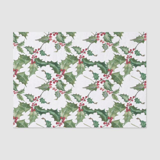 Watercolor Holly and Red Berries Tissue Paper (Front)