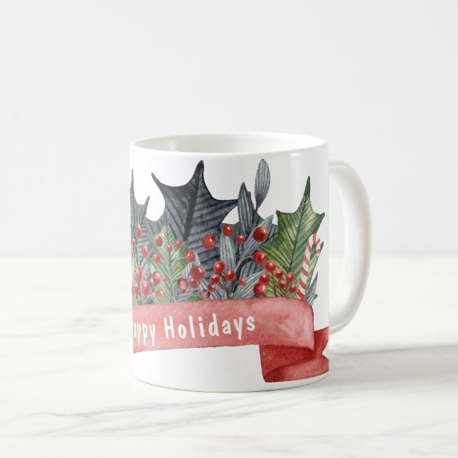 Watercolor Holly Banner Customisable Coffee Mug (Front Right)