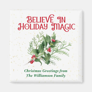 Watercolor Holly Believe Holiday Magic Christmas Magnet