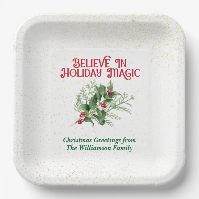Watercolor Holly Believe Holiday Magic Christmas Paper Plate (Front)