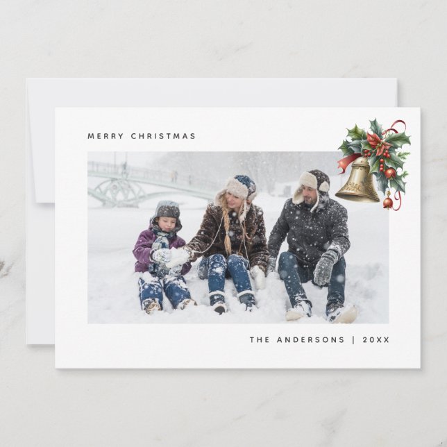 Watercolor Holly Bell Photo Christmas Cards (Front)