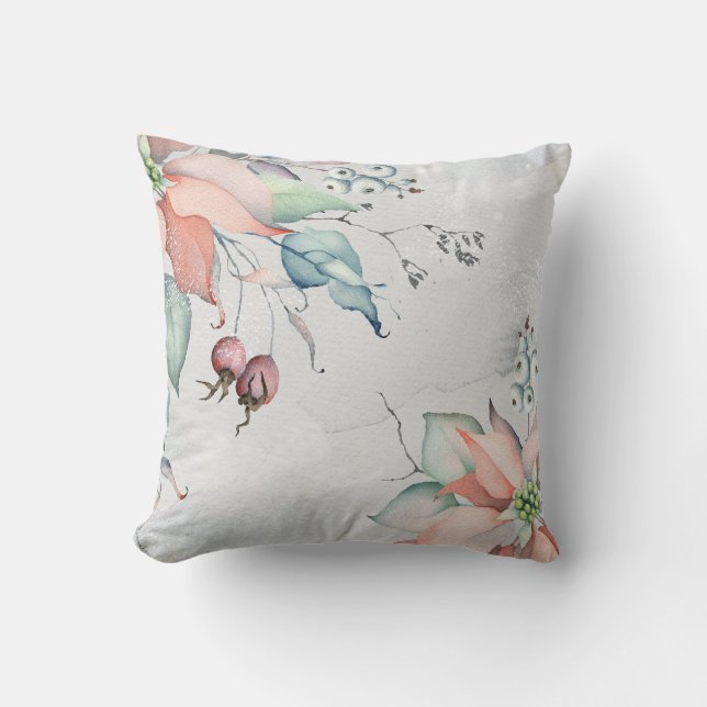 Watercolor Holly Berries and Poinsettias Christmas Cushion (Front)