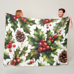 Watercolor Holly Berries Christmas Motifs Holiday Fleece Blanket