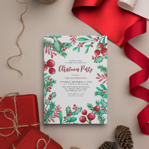 Watercolor Holly & Berries Christmas Party Invitation
