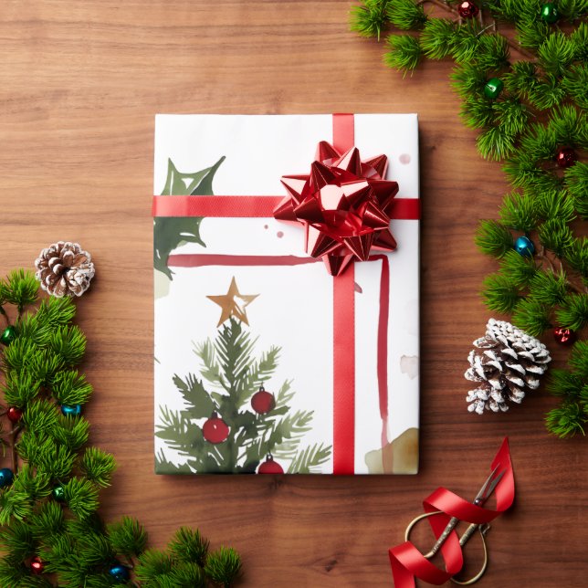 Watercolor Holly Berries Christmas Tree Holiday Wrapping Paper (Holiday Gift)
