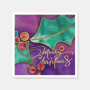 Watercolor Holly Berries Holiday Merry Christmas Napkin