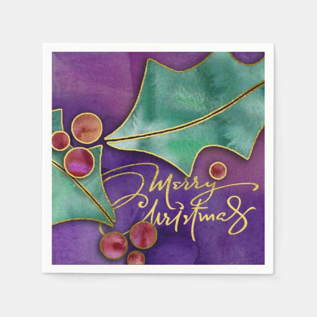 Watercolor Holly Berries Holiday Merry Christmas Napkin (Front)