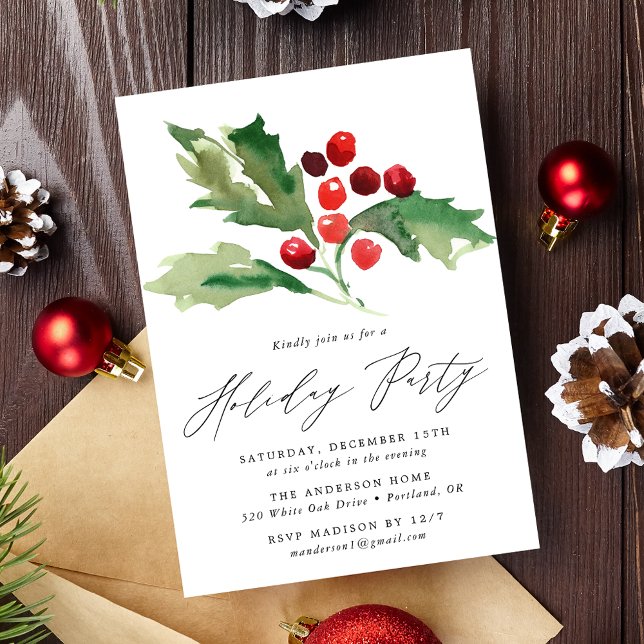 Watercolor Holly Berries Holiday Party Invitation (Creator Uploaded)