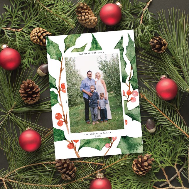 Watercolor Holly + Berries Holiday Photo Card (Creator Uploaded)