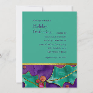Watercolor Holly Berries Purple Green Red Holiday Invitation