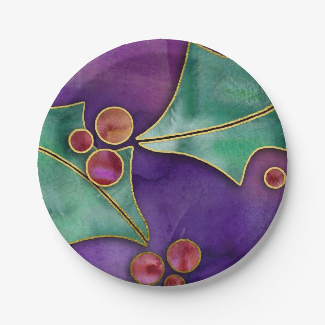 Watercolor Holly Berries Purple Green Red Holiday Paper Plate (Front)