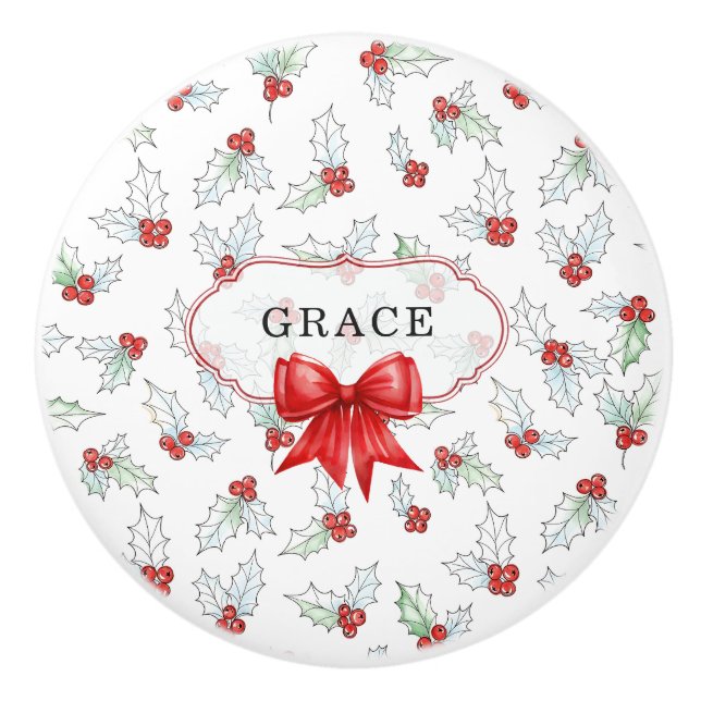 Watercolor Holly Berries  Red Ribbon Custom Name Ceramic Knob (Front)