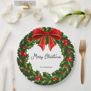 Watercolor Holly Berry And Red Ribbon Festive Paper Plate