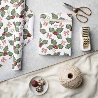 Watercolor Holly Berry & Candy Cane Bow Christmas Wrapping Paper