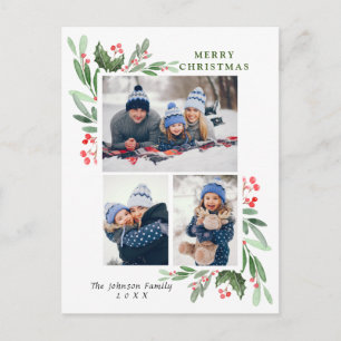 Watercolor Holly Berry Christmas 3 PHOTO Greeting Postcard