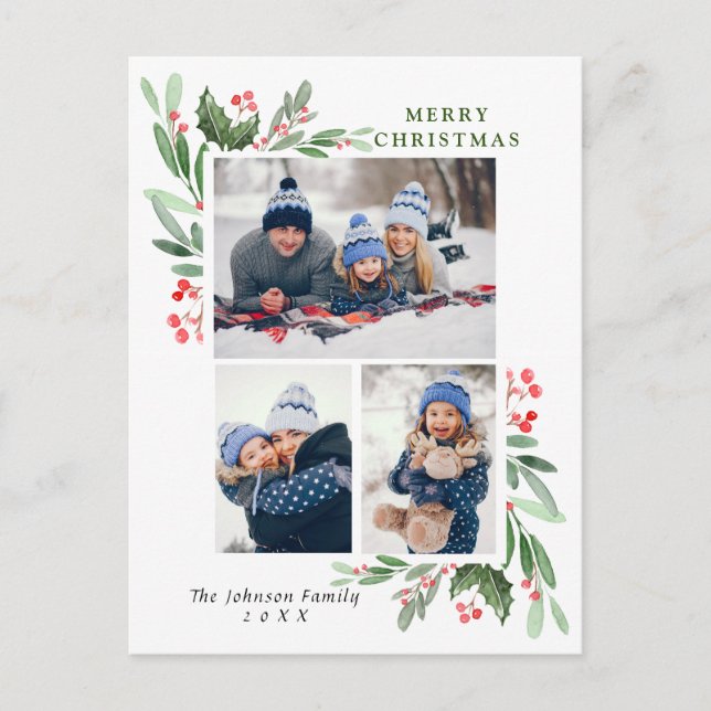Watercolor Holly Berry Christmas 3 PHOTO Greeting Postcard (Front)