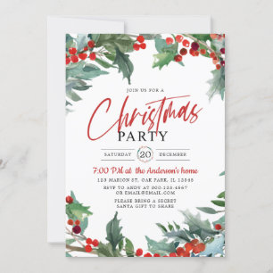 Watercolor Holly Berry Christmas Greetings Party  Invitation