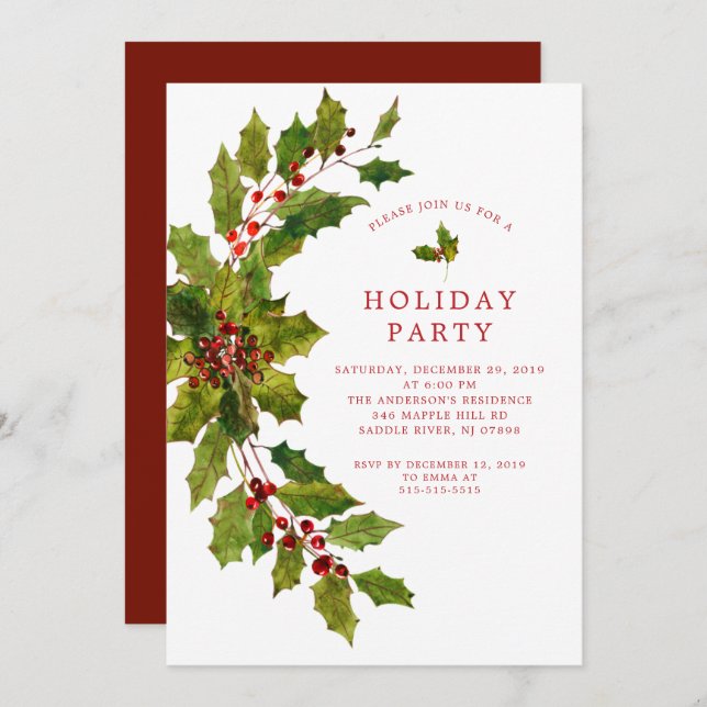 Watercolor Holly Berry Christmas Holiday Party Invitation (Front/Back)