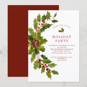 Watercolor Holly Berry Christmas Holiday Party Invitation
