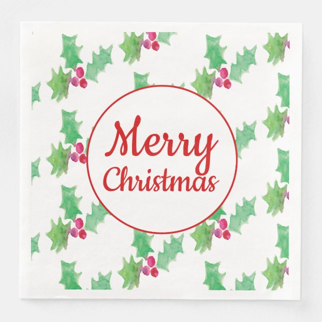 Watercolor Holly Berry Christmas Napkins (Front)