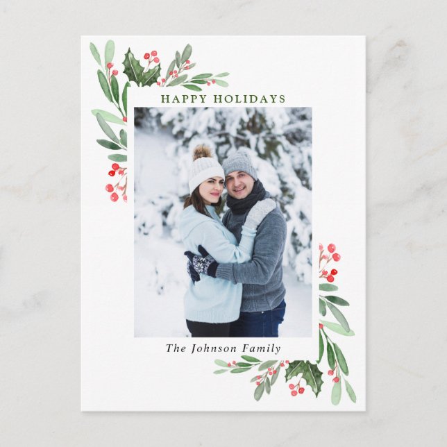 Watercolor Holly Berry Christmas PHOTO Greeting Postcard (Front)