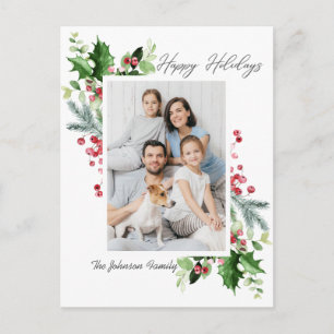 Watercolor Holly Berry Christmas PHOTO Greeting Postcard