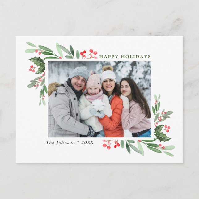 Watercolor Holly Berry Christmas PHOTO Greeting Postcard (Front)