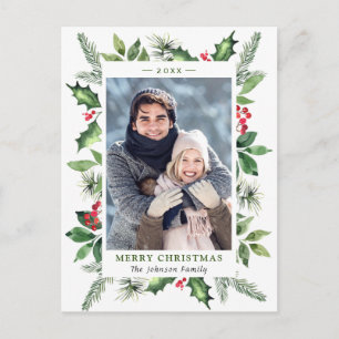 Watercolor Holly Berry Christmas PHOTO Holiday Postcard