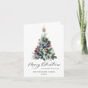 Watercolor Holly Berry Christmas Tree Greeting Hol Holiday Card