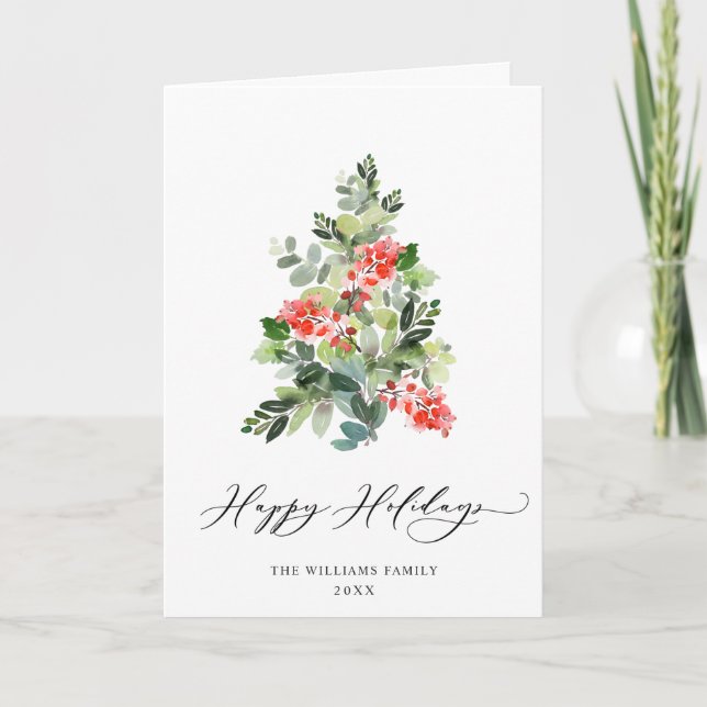 Watercolor Holly Berry Christmas Tree Greeting Holiday Card (Front)