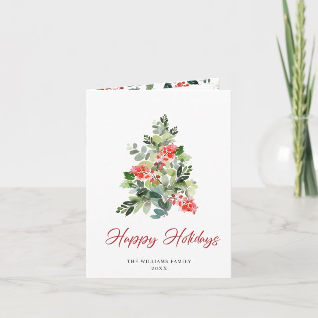 Watercolor Holly Berry Christmas Tree Greeting Holiday Card (Front)